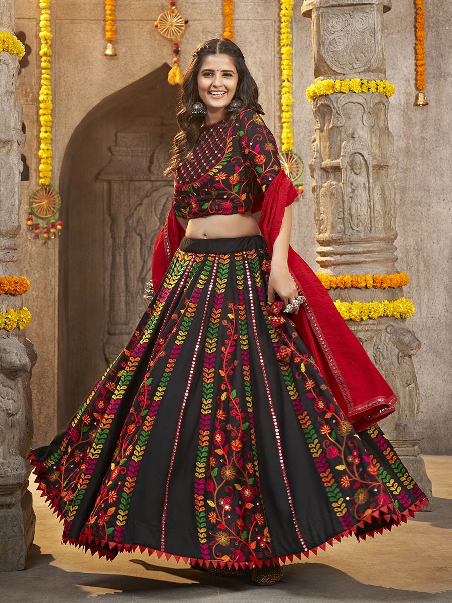 Black Viscose Rayon and Cotton Embroidered with Print Designer Lehenga - Vamzn#