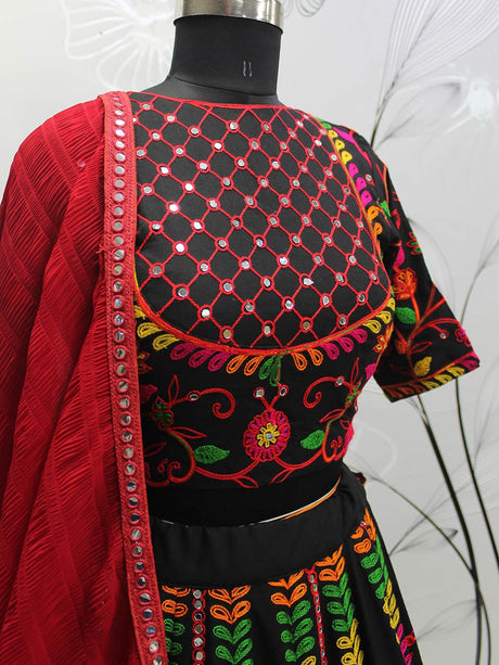 Black Viscose Rayon and Cotton Embroidered with Print Designer Lehenga - Vamzn#