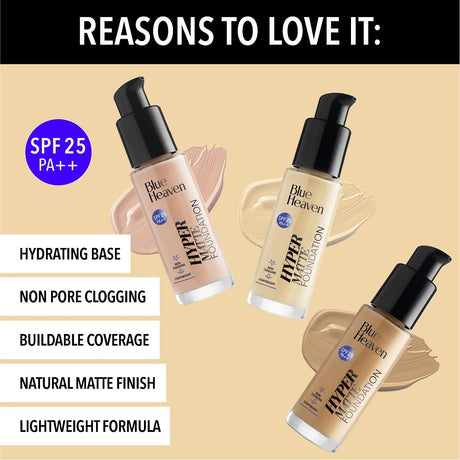 Blue Heaven Hyper Matte Foundation for Face Makeup with SPF 25 PA++, Matte Finish, Light Weight Formula, Medium Coverage for All types of Skin, Cream 302 - Honey Tan, 30ml - Vamzn#