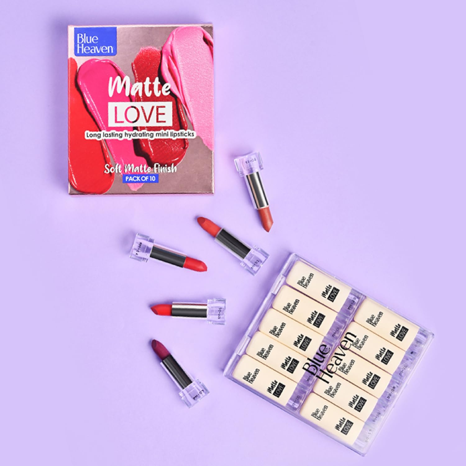 Blue Heaven Matte Love Mini Lipsticks pack of 10 | Long Lasting, Hydrating & Moisturizing Mini Roll on Lipsticks for Women | Soft - Matte Finish | 13g - Vamzn#