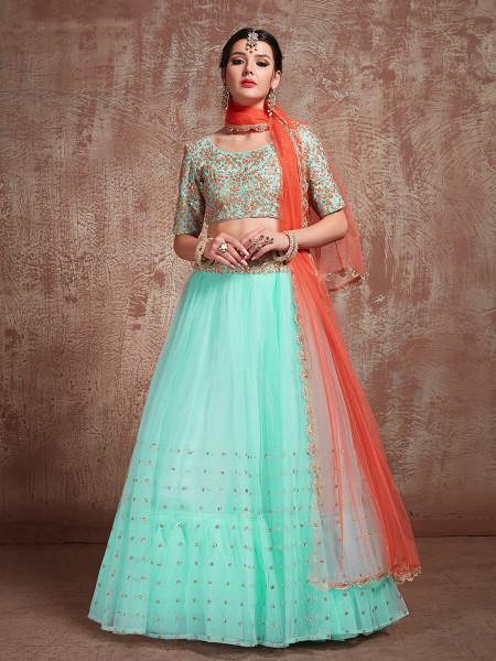 Blue Soft Net Heavy Embroidered Lehenga - Vamzn#