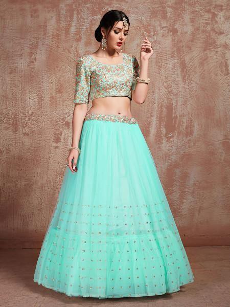 Blue Soft Net Heavy Embroidered Lehenga - Vamzn#