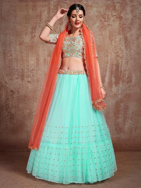 Blue Soft Net Heavy Embroidered Lehenga - Vamzn#