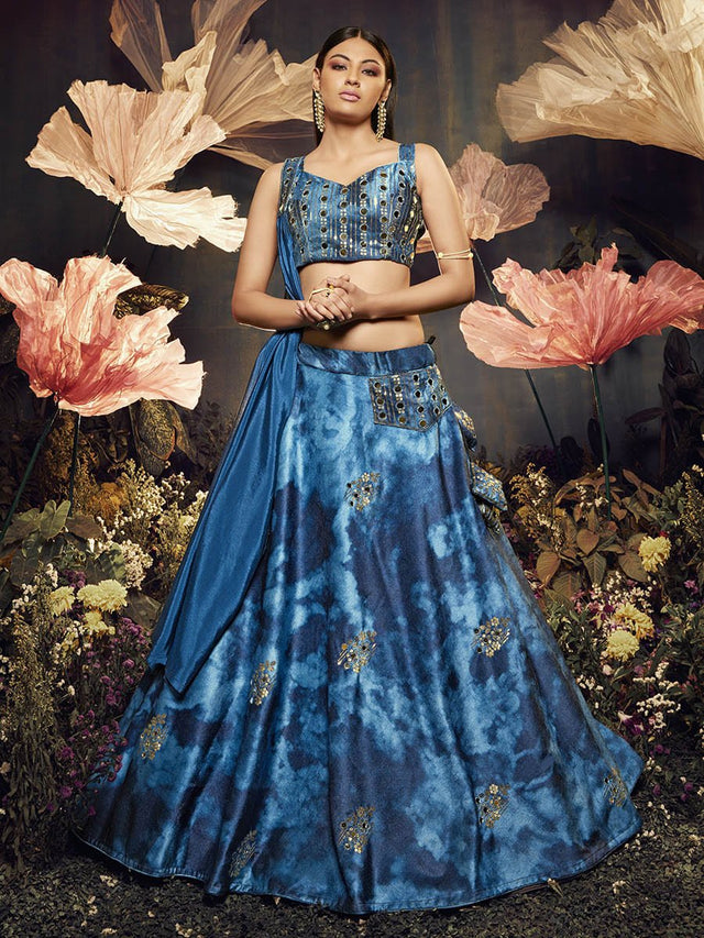 Blue Velvet Embroidered Designer Lehenga - Vamzn#