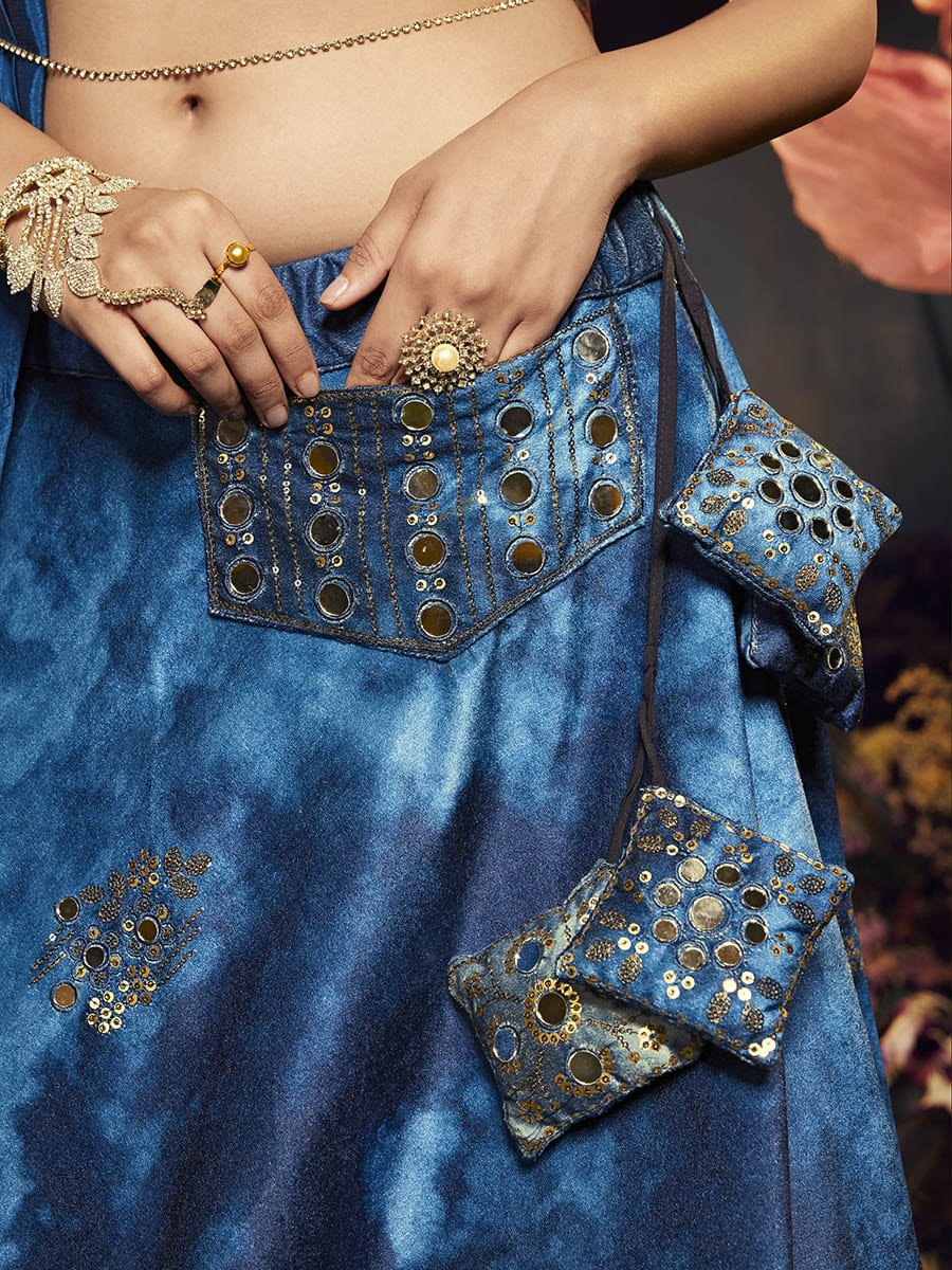 Blue Velvet Embroidered Designer Lehenga - Vamzn#