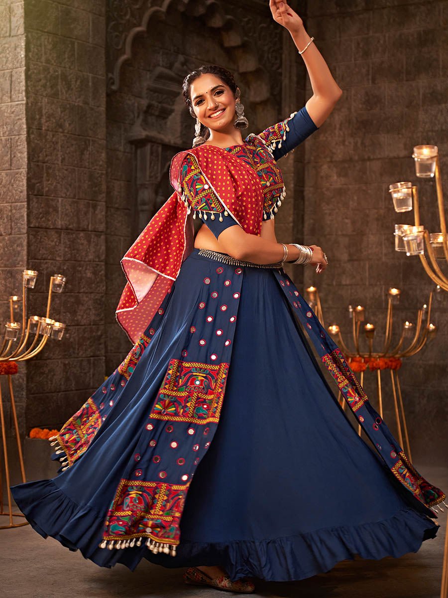 Blue Viscose Rayon Embroidered Designer Navratri Special Lehenga - Vamzn#