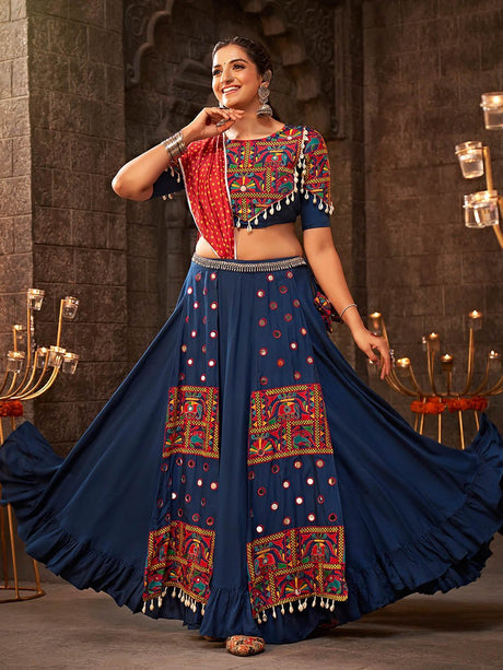 Blue Viscose Rayon Embroidered Designer Navratri Special Lehenga - Vamzn#