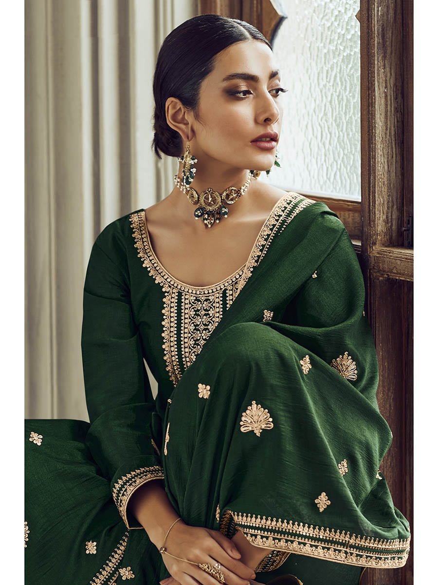 Bottle Green Premium Silk Embroidered Pant Style Suit - Vamzn#