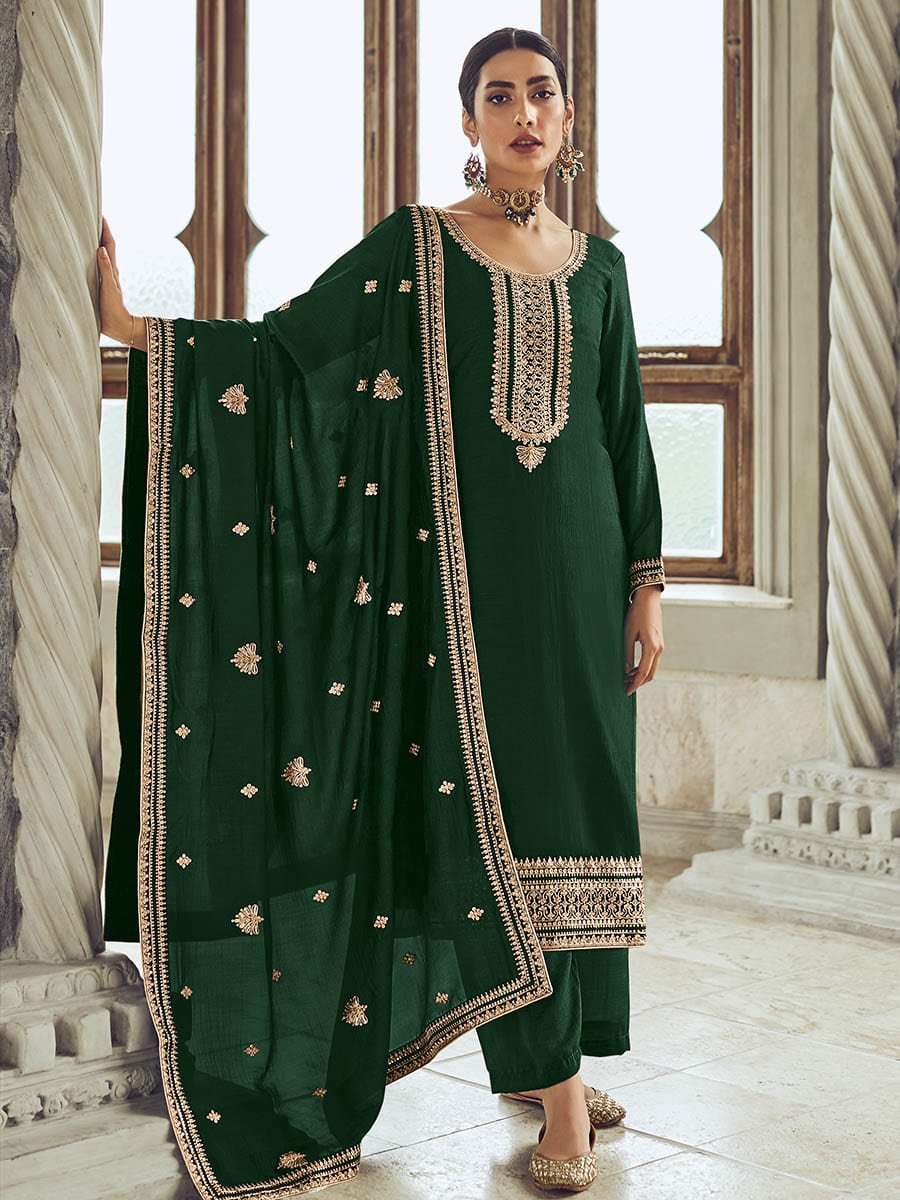 Bottle Green Premium Silk Embroidered Pant Style Suit - Vamzn#