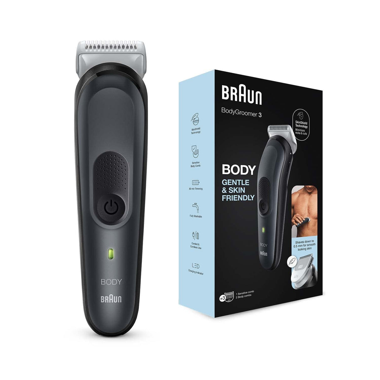Braun Body Groomer 3 for Men from Gillette, BG3340, Manscaping Tool, SkinShield Technology, Sensitive Comb, Lifetime Sharp Metal Blade, Body Groomer for Men, Gray/Black - Vamzn#