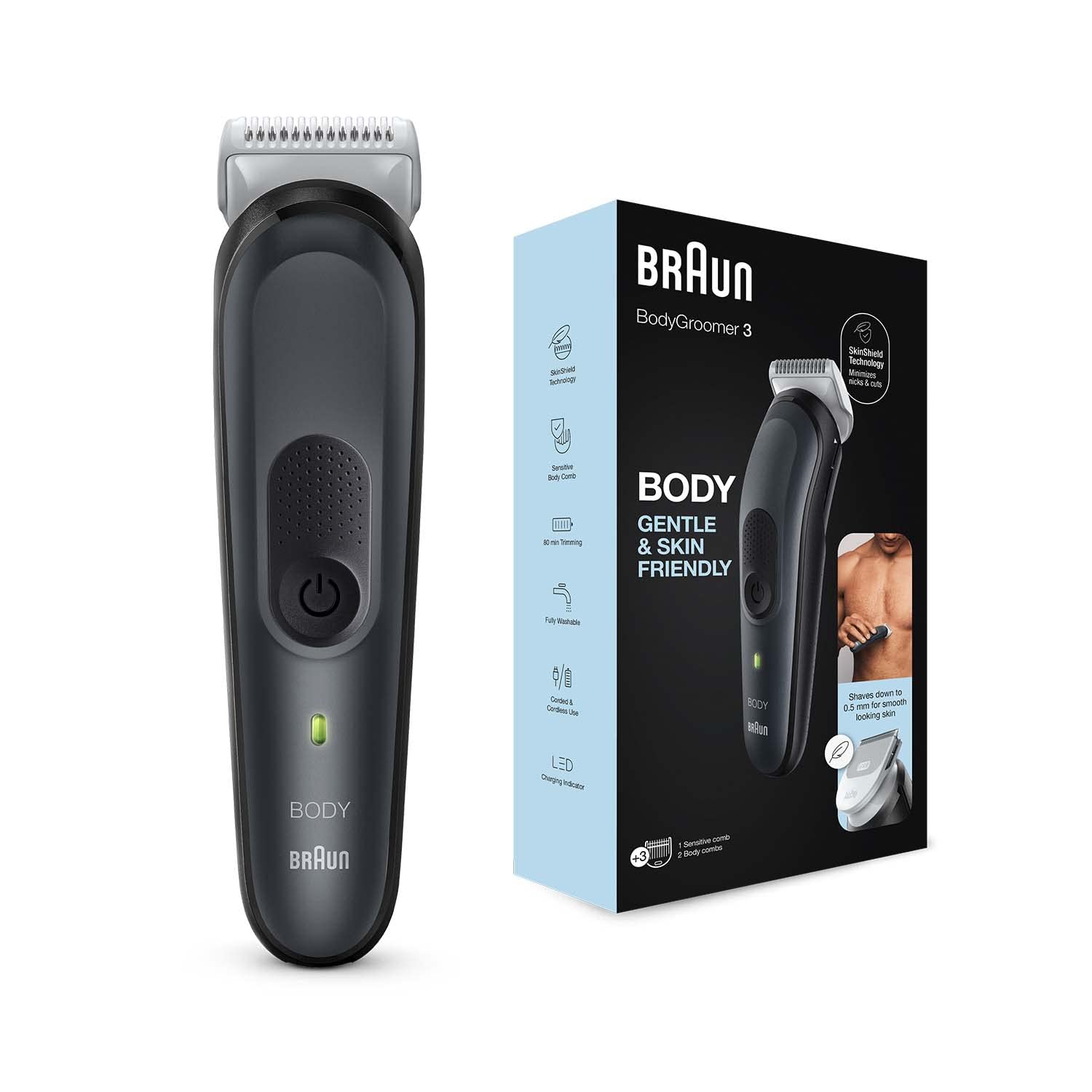 Braun Body Groomer 3 for Men from Gillette, BG3340, Manscaping Tool, SkinShield Technology, Sensitive Comb, Lifetime Sharp Metal Blade, Body Groomer for Men, Gray/Black - Vamzn#