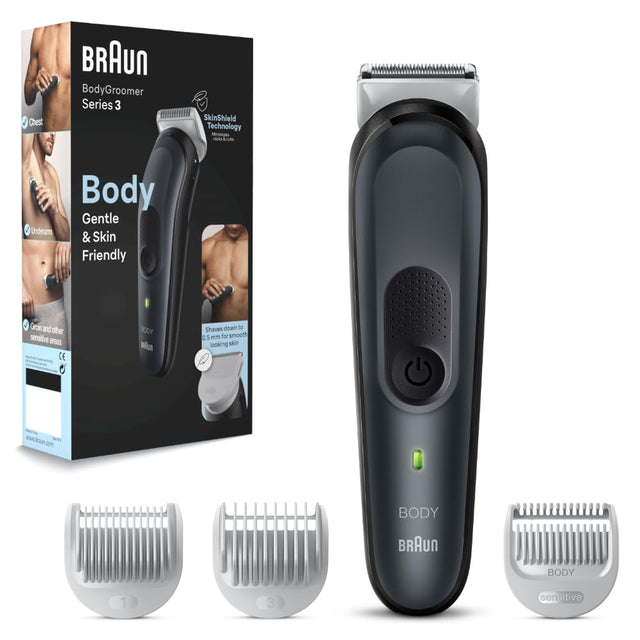 Braun Body Groomer 3 for Men from Gillette, BG3340, Manscaping Tool, SkinShield Technology, Sensitive Comb, Lifetime Sharp Metal Blade, Body Groomer for Men, Gray/Black - Vamzn#