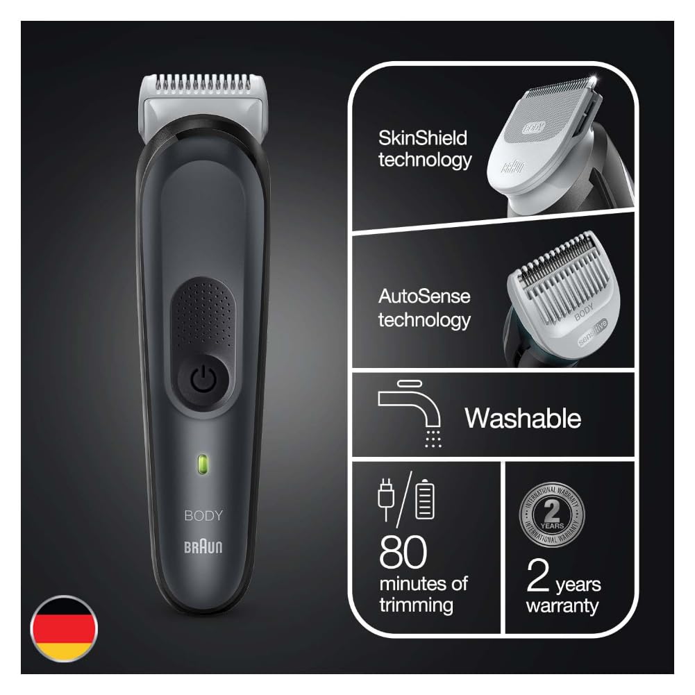 Braun Body Groomer 3 for Men from Gillette, BG3340, Manscaping Tool, SkinShield Technology, Sensitive Comb, Lifetime Sharp Metal Blade, Body Groomer for Men, Gray/Black - Vamzn#