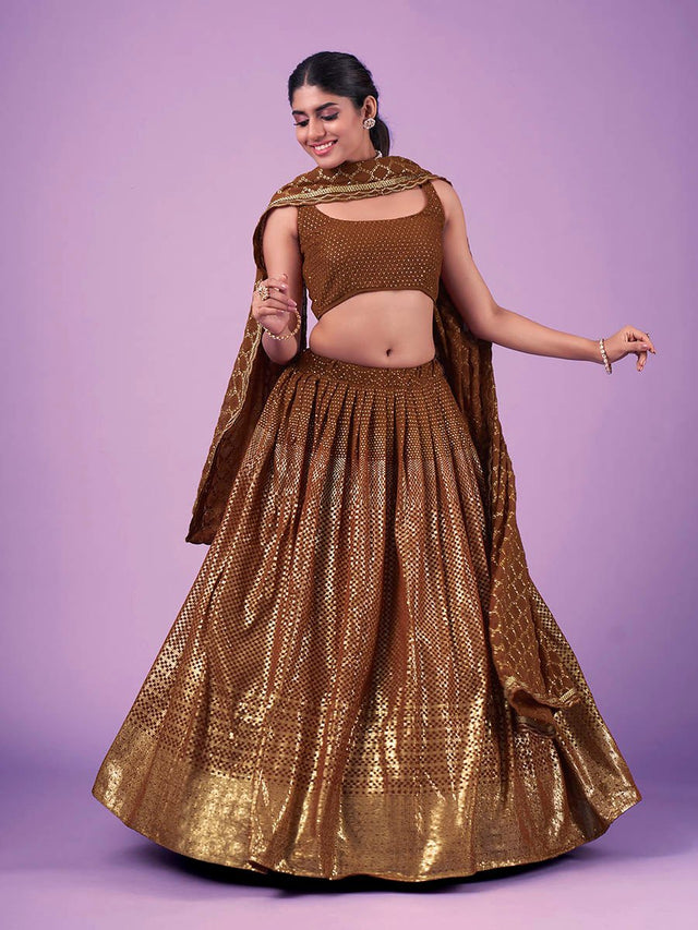 Brown Georgette Embroidered Designer Lehenga - Vamzn#