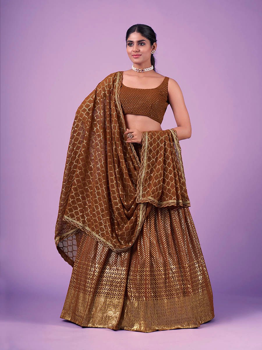 Brown Georgette Embroidered Designer Lehenga - Vamzn#