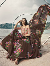 Brown Organza Printed & Embroidered Lehenga - Vamzn#