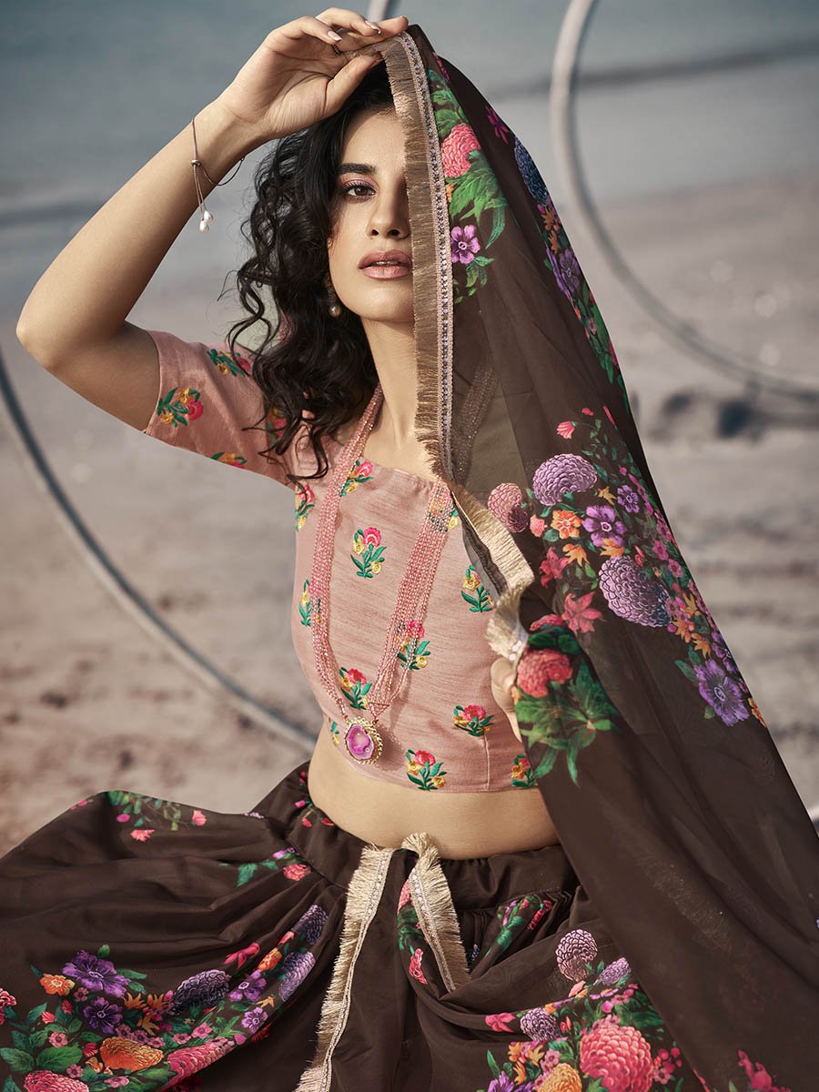 Brown Organza Printed & Embroidered Lehenga - Vamzn#