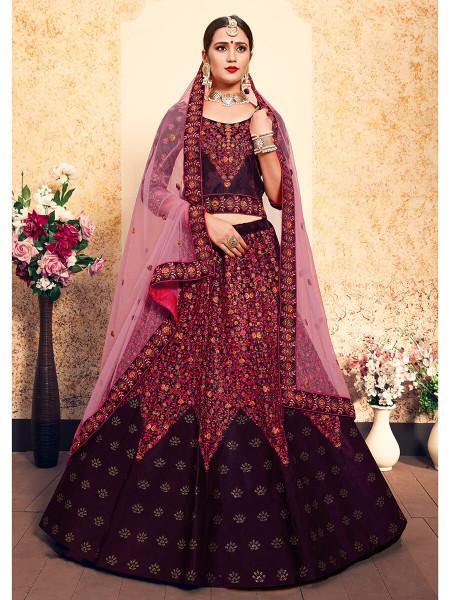 Brown Satin Embroidered Lehenga - Vamzn#