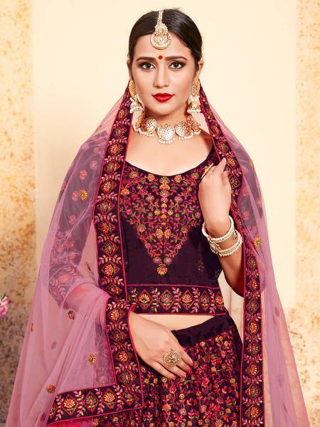 Brown Satin Embroidered Lehenga - Vamzn#