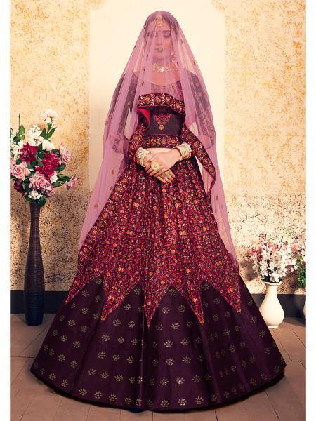 Brown Satin Embroidered Lehenga - Vamzn#