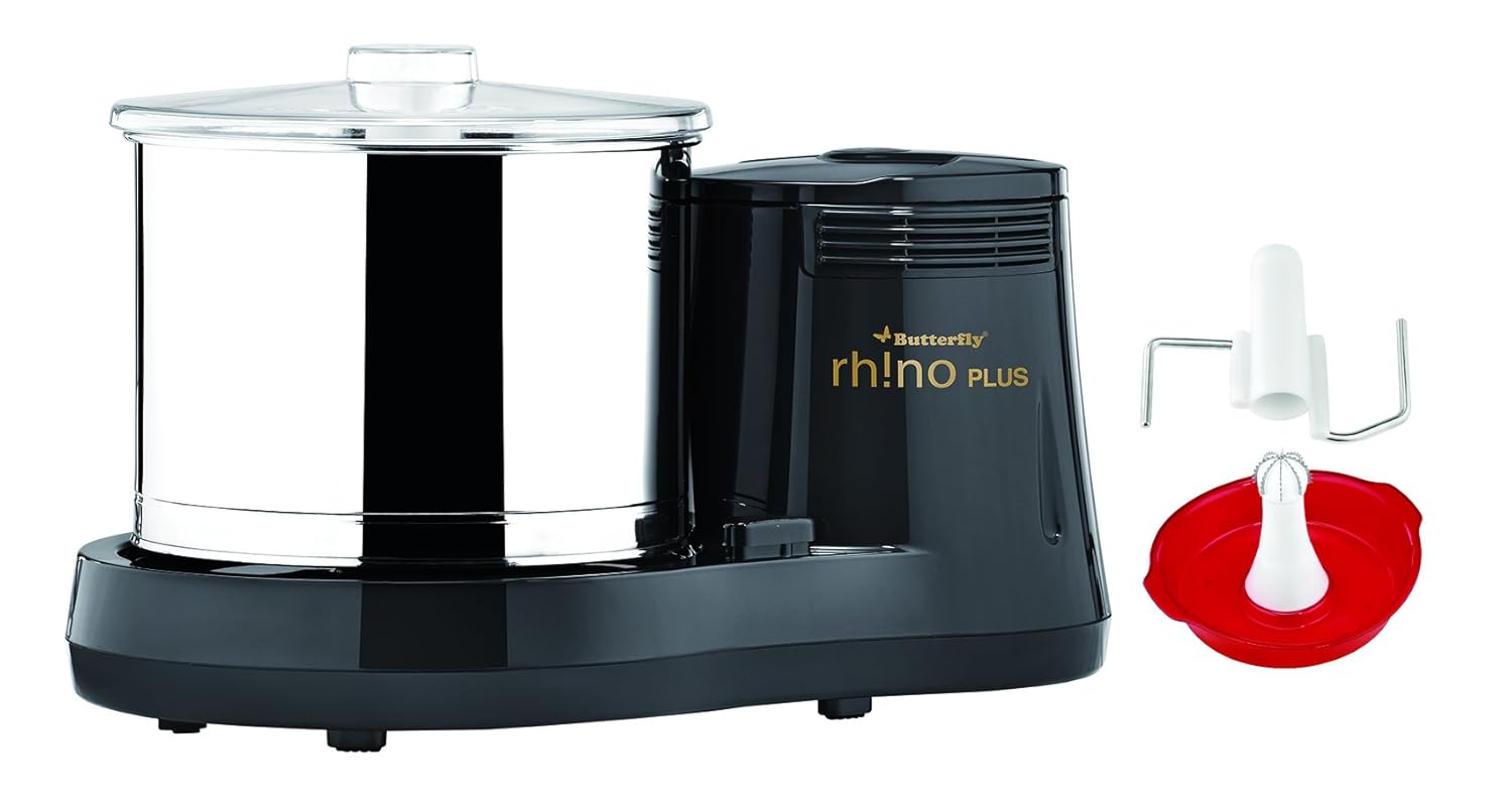 Butterfly Rhino Plus 2 Litres Table - Top Wet Grinder | 150 Watts | Shockproof ABS Body | Coconut Scrapper Attachment | Dough Kneader | Stainless Steel Drum | 2 Years Manufacturer's Warranty | Grey - Vamzn#