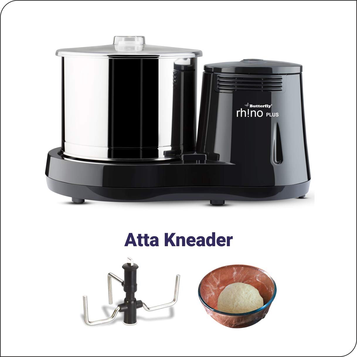 Butterfly Rhino Plus 2 Litres Table - Top Wet Grinder | 150 Watts | Shockproof ABS Body | Coconut Scrapper Attachment | Dough Kneader | Stainless Steel Drum | 2 Years Manufacturer's Warranty | Grey - Vamzn#