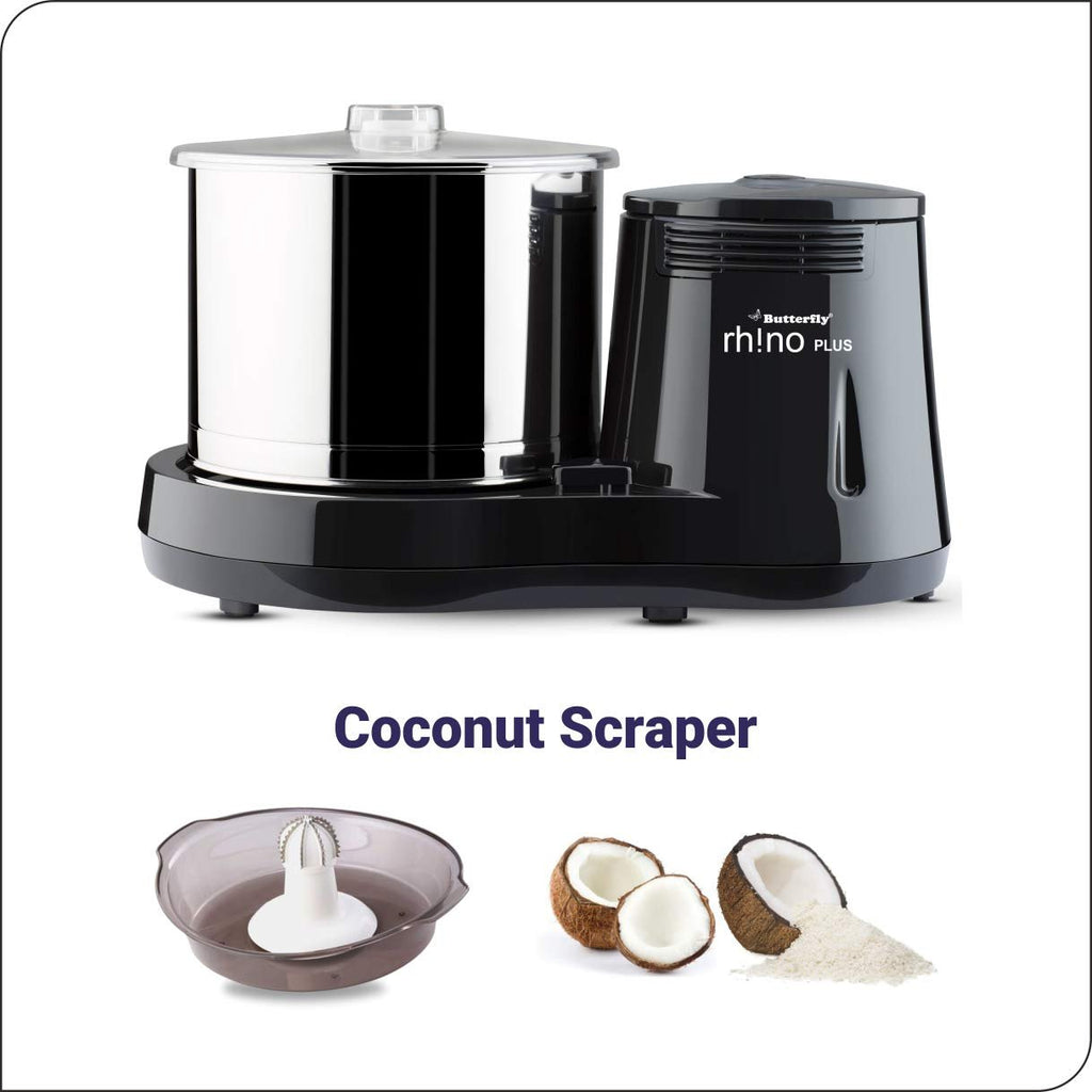 Butterfly Rhino Plus 2 Litres Table - Top Wet Grinder | 150 Watts | Shockproof ABS Body | Coconut Scrapper Attachment | Dough Kneader | Stainless Steel Drum | 2 Years Manufacturer's Warranty | Grey - Vamzn#