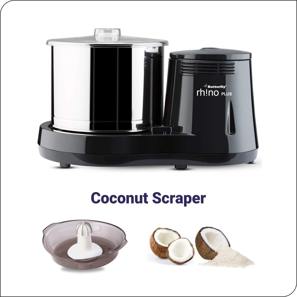 Butterfly Rhino Plus 2 Litres Table - Top Wet Grinder | 150 Watts | Shockproof ABS Body | Coconut Scrapper Attachment | Dough Kneader | Stainless Steel Drum | 2 Years Manufacturer's Warranty | Grey - Vamzn#