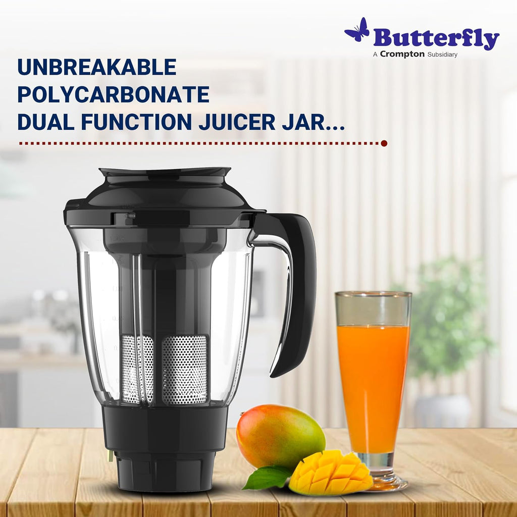 Butterfly Smart 750 Watts Mixer Grinder with 4 Jars | 3 Stainless Steel Multipurpose Jars & 1 Juicer Jar | ABS Body | Heavy Duty Motor | 2 Years Manufacturer's Warranty | Grey - Vamzn#