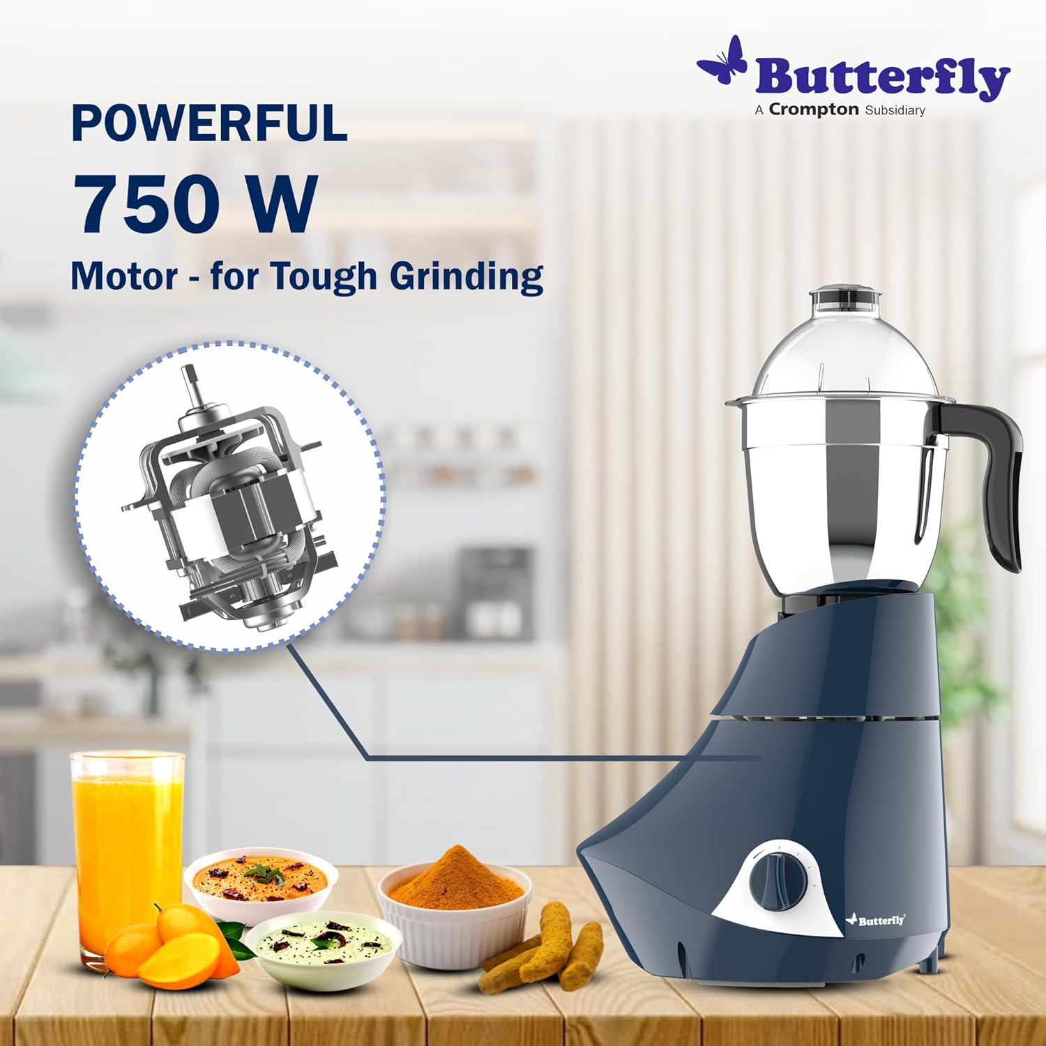 Butterfly Smart 750 Watts Mixer Grinder with 4 Jars | 3 Stainless Steel Multipurpose Jars & 1 Juicer Jar | ABS Body | Heavy Duty Motor | 2 Years Manufacturer's Warranty | Grey - Vamzn#