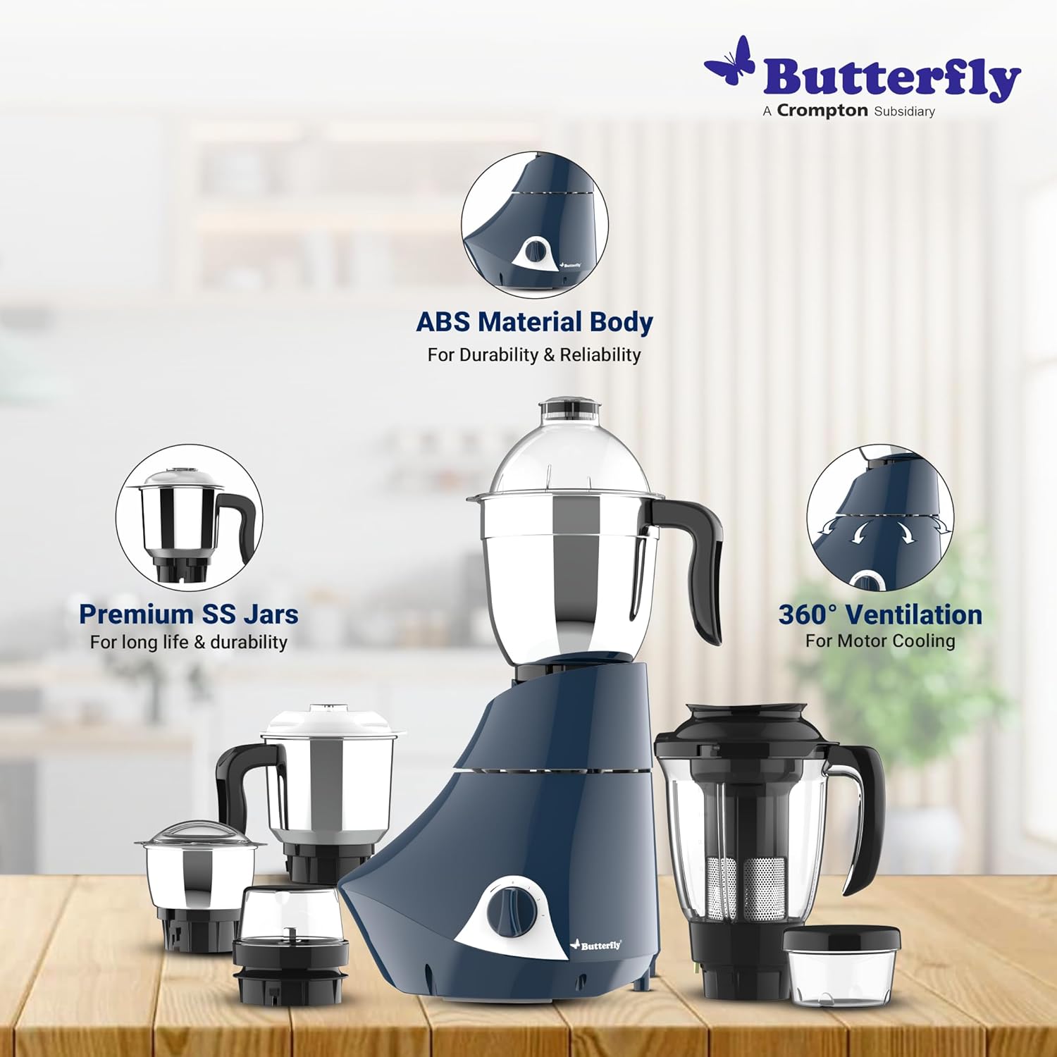 Butterfly Smart 750 Watts Mixer Grinder with 4 Jars | 3 Stainless Steel Multipurpose Jars & 1 Juicer Jar | ABS Body | Heavy Duty Motor | 2 Years Manufacturer's Warranty | Grey - Vamzn#