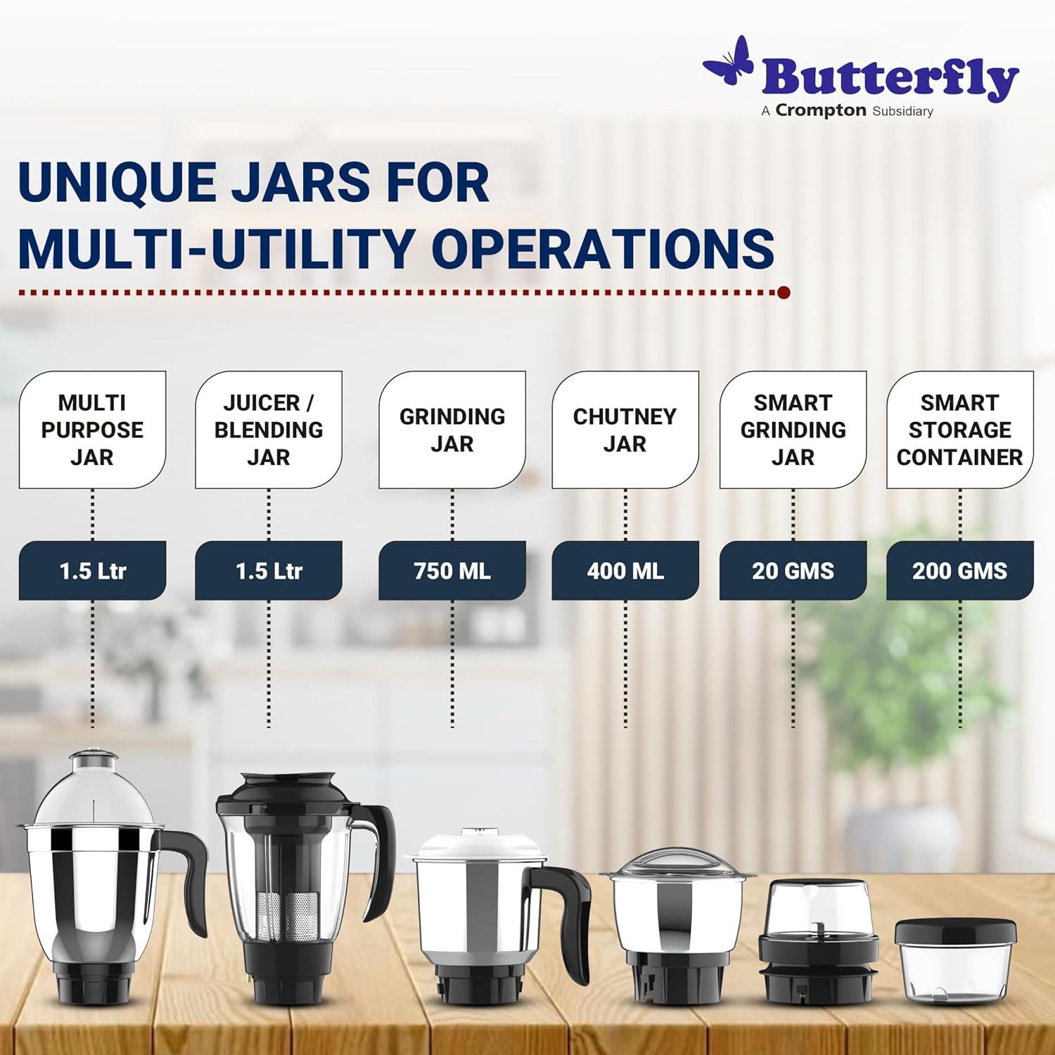 Butterfly Smart 750 Watts Mixer Grinder with 4 Jars | 3 Stainless Steel Multipurpose Jars & 1 Juicer Jar | ABS Body | Heavy Duty Motor | 2 Years Manufacturer's Warranty | Grey - Vamzn#