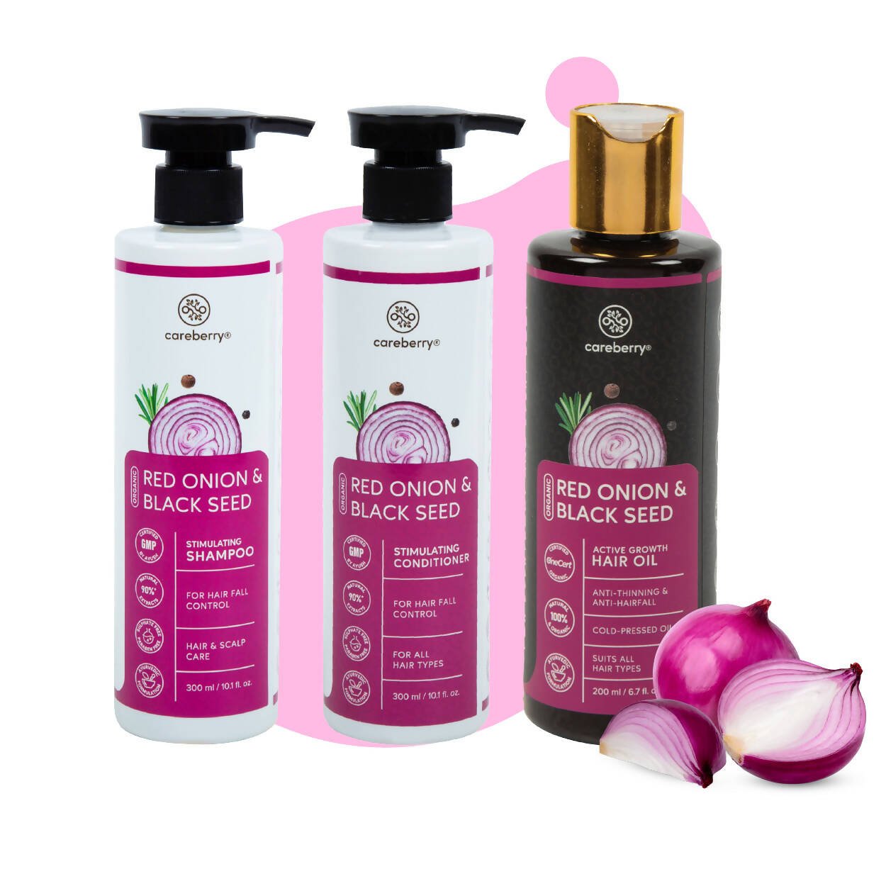 Careberry Organic Red Onion & Black Seed Oil Ultimate Anti Hair Fall Shampoo + Conditioner + Hair Oil - Vamzn#