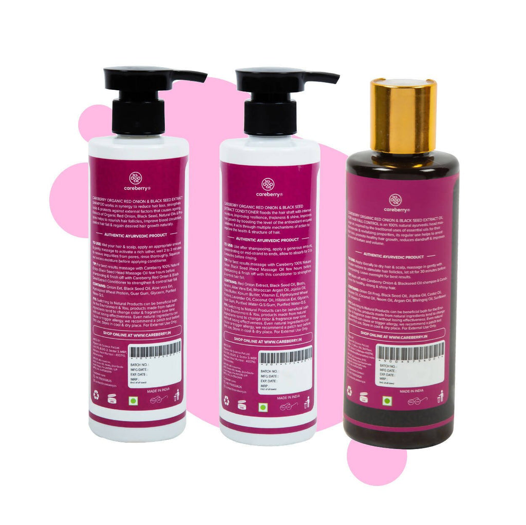 Careberry Organic Red Onion & Black Seed Oil Ultimate Anti Hair Fall Shampoo + Conditioner + Hair Oil - Vamzn#