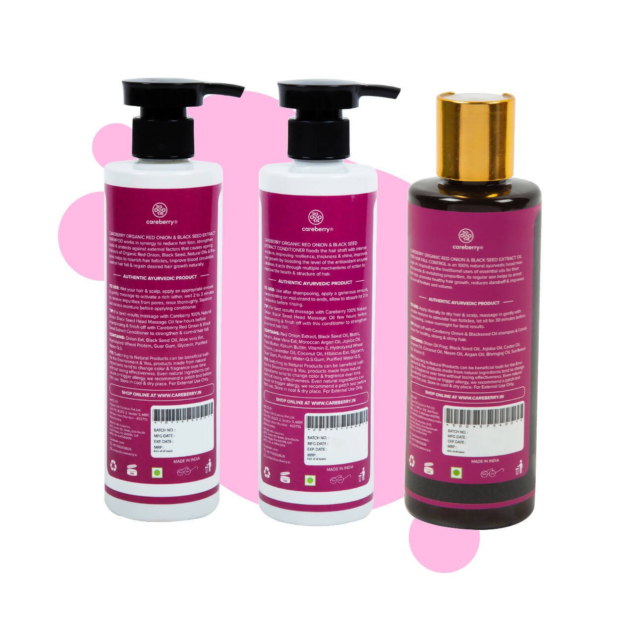 Careberry Organic Red Onion & Black Seed Oil Ultimate Anti Hair Fall Shampoo + Conditioner + Hair Oil - Vamzn#