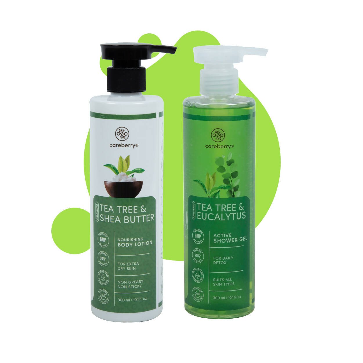 Careberry Organic Tea Tree & Eucalyptus Oil Shower Gel And Tea Tree Oil & Shea Butter Body Lotion - Vamzn#