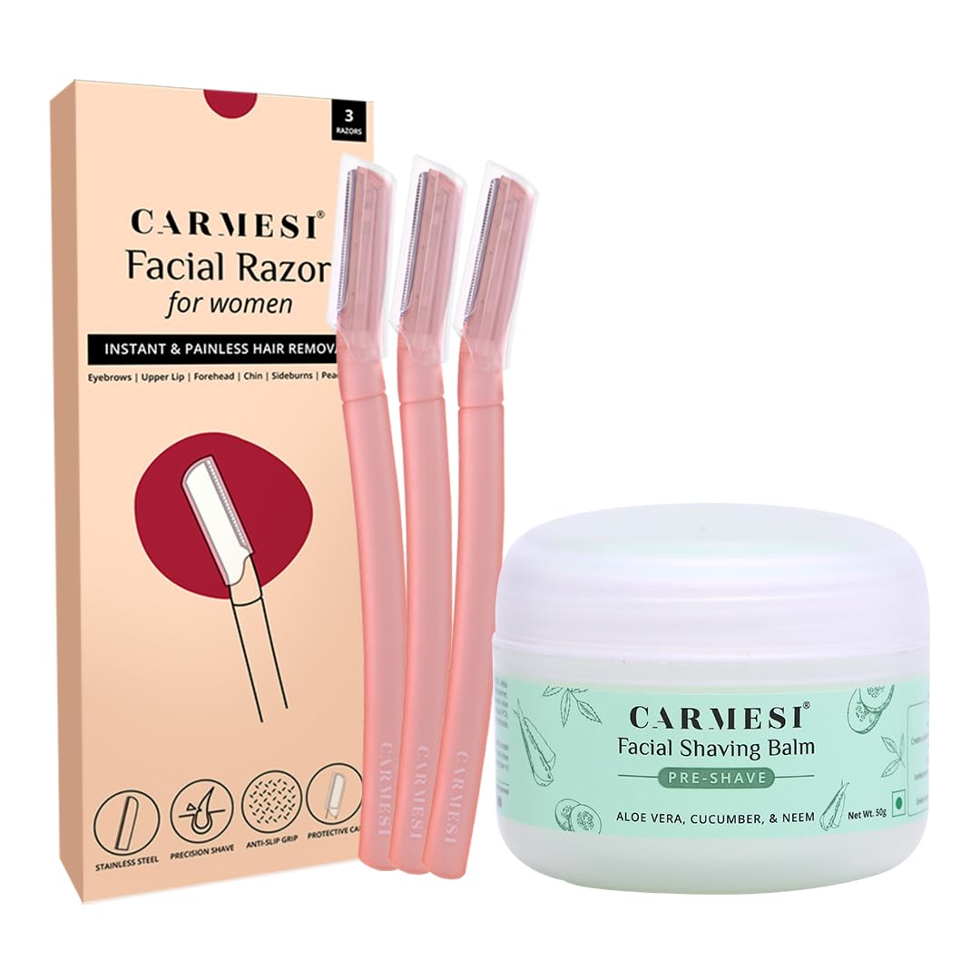 Carmesi Reusable Face Razor for Women Facial Hair - 3 Razors | Instant & Painless Hair Removal | For Eyebrows, Upper Lip, Forehead, Peach Fuzz, Chin and Sideburns | Dermaplaning Tool - Vamzn#