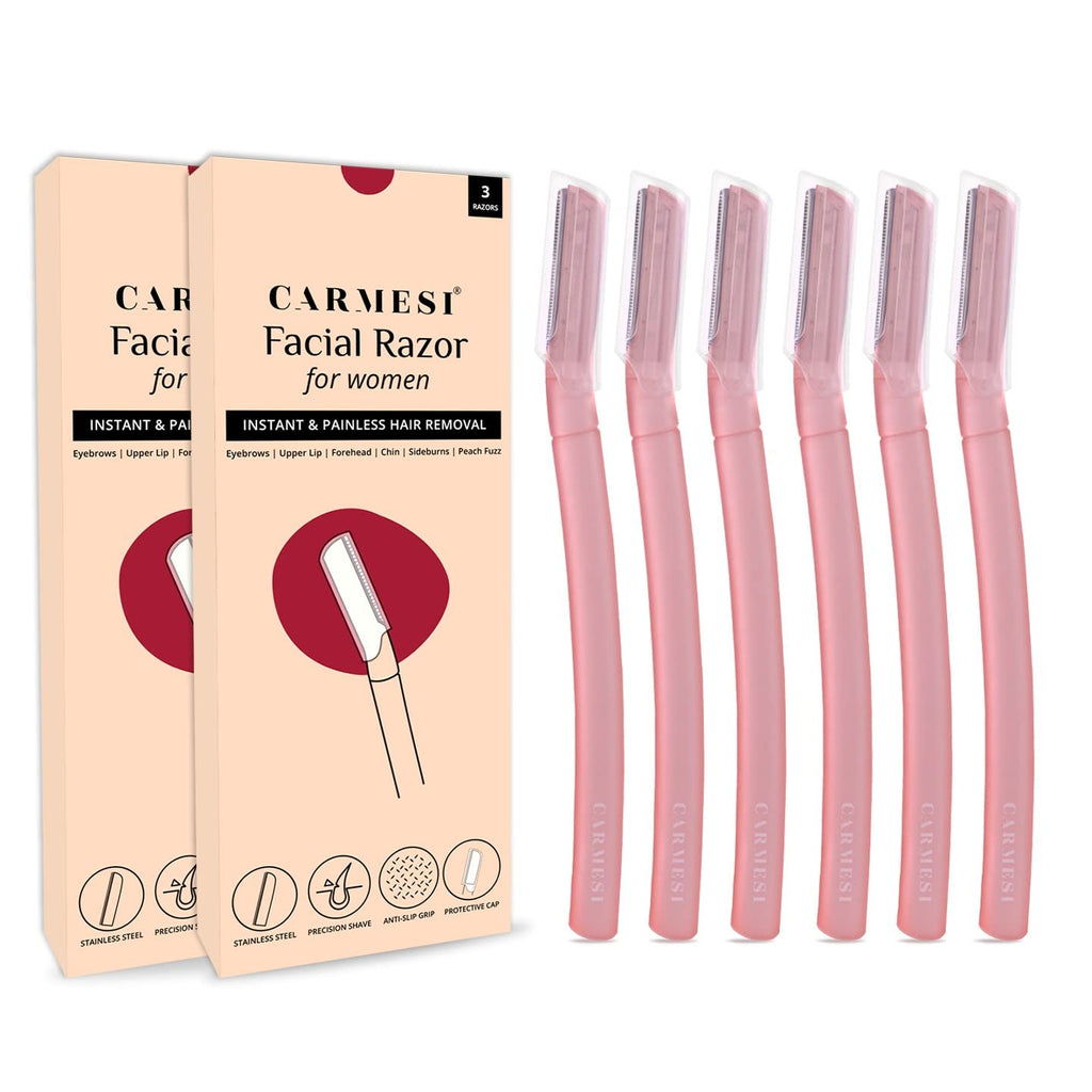 Carmesi Reusable Face Razor for Women Facial Hair - 3 Razors | Instant & Painless Hair Removal | For Eyebrows, Upper Lip, Forehead, Peach Fuzz, Chin and Sideburns | Dermaplaning Tool - Vamzn#