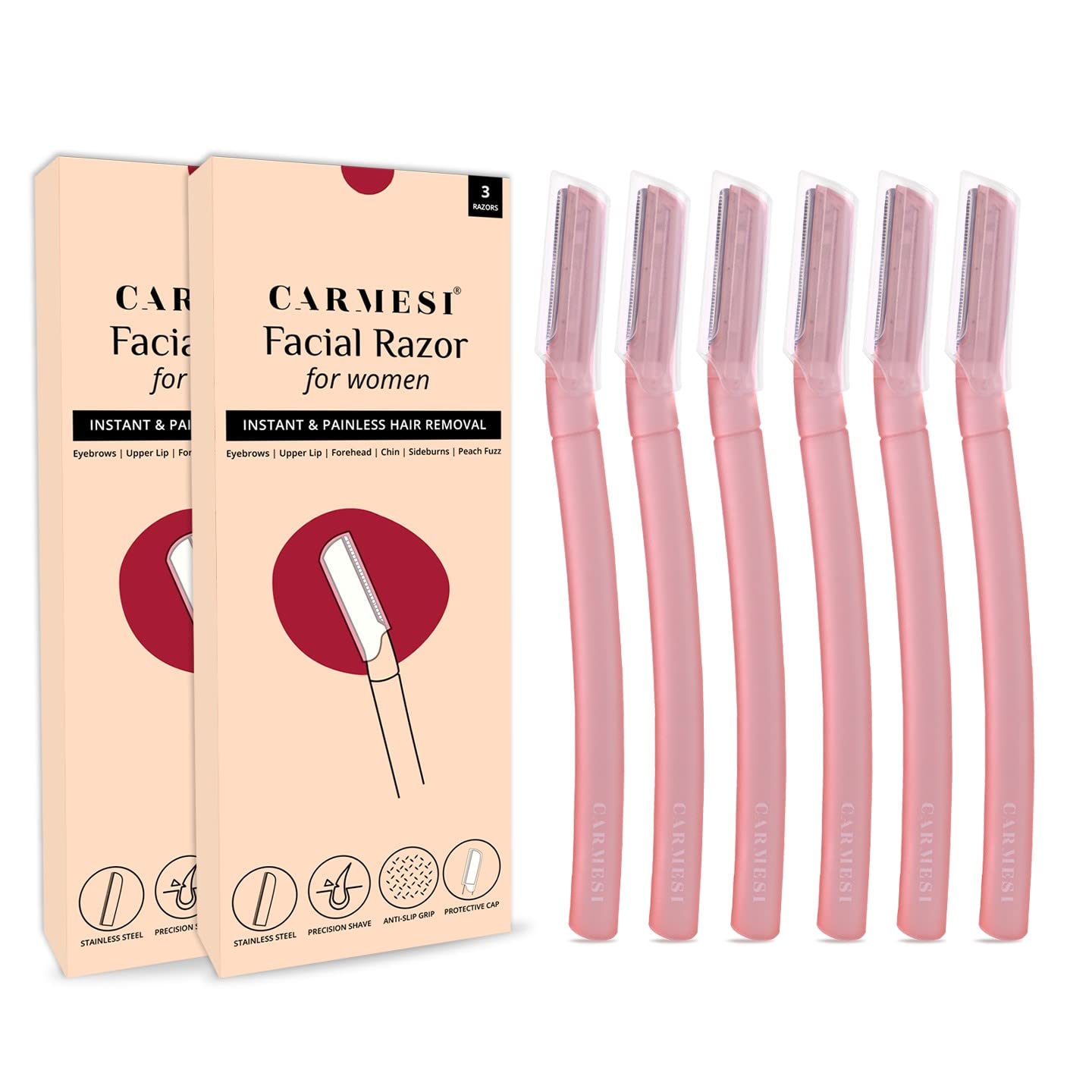 Carmesi Reusable Face Razor for Women Facial Hair - 3 Razors | Instant & Painless Hair Removal | For Eyebrows, Upper Lip, Forehead, Peach Fuzz, Chin and Sideburns | Dermaplaning Tool - Vamzn#