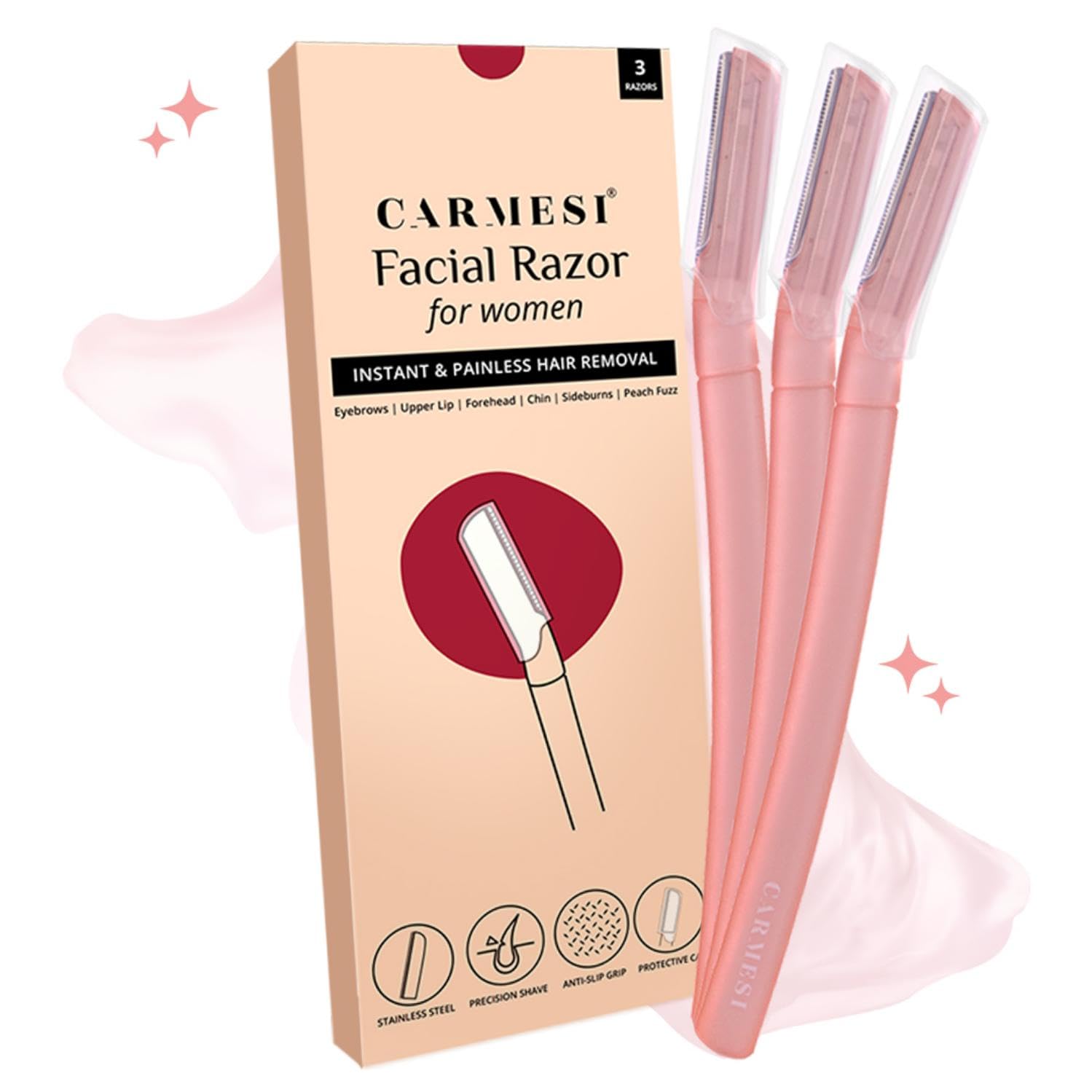 Carmesi Reusable Face Razor for Women Facial Hair - 3 Razors | Instant & Painless Hair Removal | For Eyebrows, Upper Lip, Forehead, Peach Fuzz, Chin and Sideburns | Dermaplaning Tool - Vamzn#