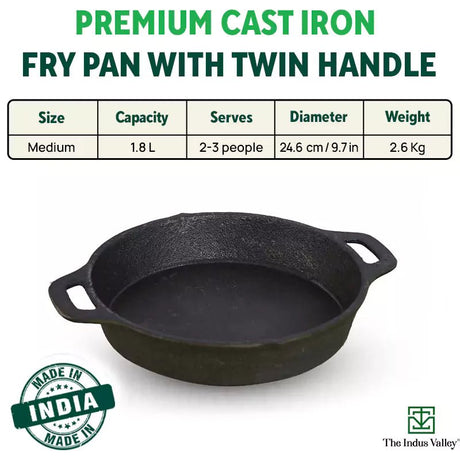 CASTrong Cast Iron Fry Pan, 2 Handles, Pre - seasoned, Nonstick, 100% Pure, Toxin - free, Induction, 24.6cm, 1.8L, 2.6kg - Vamzn#