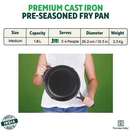 CASTrong Cast Iron Fry Pan/Skillet + Free ₹110 Spatula, Pre - seasoned, Nonstick, 100% Pure, Toxin - free, Induction, 25.4cm, 1.7L, 2.3kg - Vamzn#
