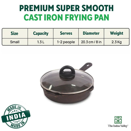 CASTrong Cast Iron Fry Pan/Skillet, Glass Lid, Pre - seasoned, Natural Nonstick, 100% Pure, Induction, 20.3cm, 0.9L, 2.3kg - Vamzn#