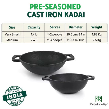 CASTrong Cast Iron Kadai, Flat Handle,Pre - seasoned, Nonstick, 100% Pure, Toxin - free, 20.5/25.6cm, 1.4L/2.4L, 1.8kg/2.5kg - Vamzn#