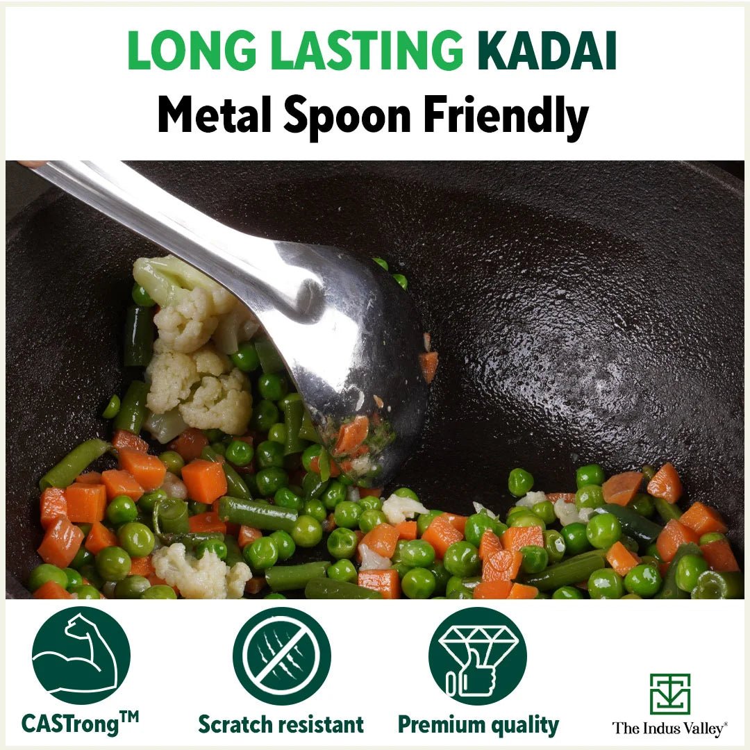 CASTrong Cast Iron Kadai, Flat Handle,Pre - seasoned, Nonstick, 100% Pure, Toxin - free, 20.5/25.6cm, 1.4L/2.4L, 1.8kg/2.5kg - Vamzn#