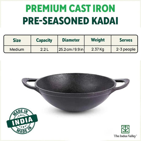 CASTrong Cast Iron Kadai+ Free ₹110 Spatula, Pre - seasoned, Nonstick, 100% Pure, Toxin - free, 25.2cm, 2.2L, 2.37kg - Vamzn#