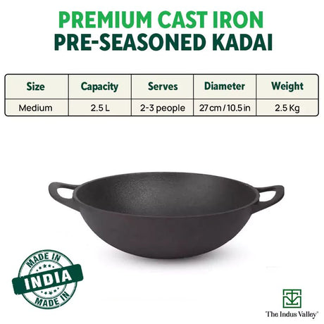 CASTrong Cast Iron Kadai, Pre - seasoned, Nonstick, 100% Pure, Toxin - free, 27cm, 2.5L, 2.5kg - Vamzn#