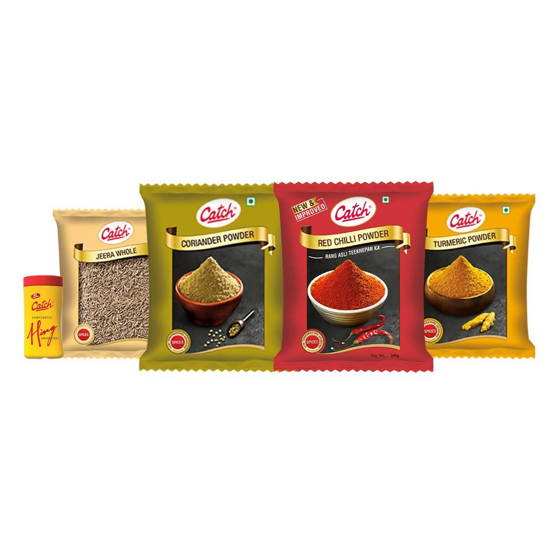 Catch Masala & Spices Combo Five Pack - Coriander Powder 200 gms + Turmeric Powder 200 gms + Red Chilli Powder 200 gms + Cumin Whole 200 gms + Hing 50 gms - Vamzn#
