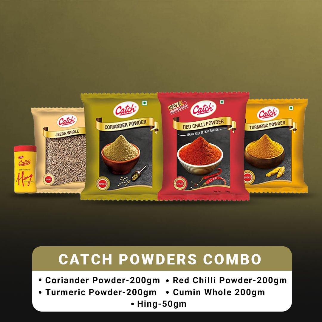 Catch Masala & Spices Combo Five Pack - Coriander Powder 200 gms + Turmeric Powder 200 gms + Red Chilli Powder 200 gms + Cumin Whole 200 gms + Hing 50 gms - Vamzn#