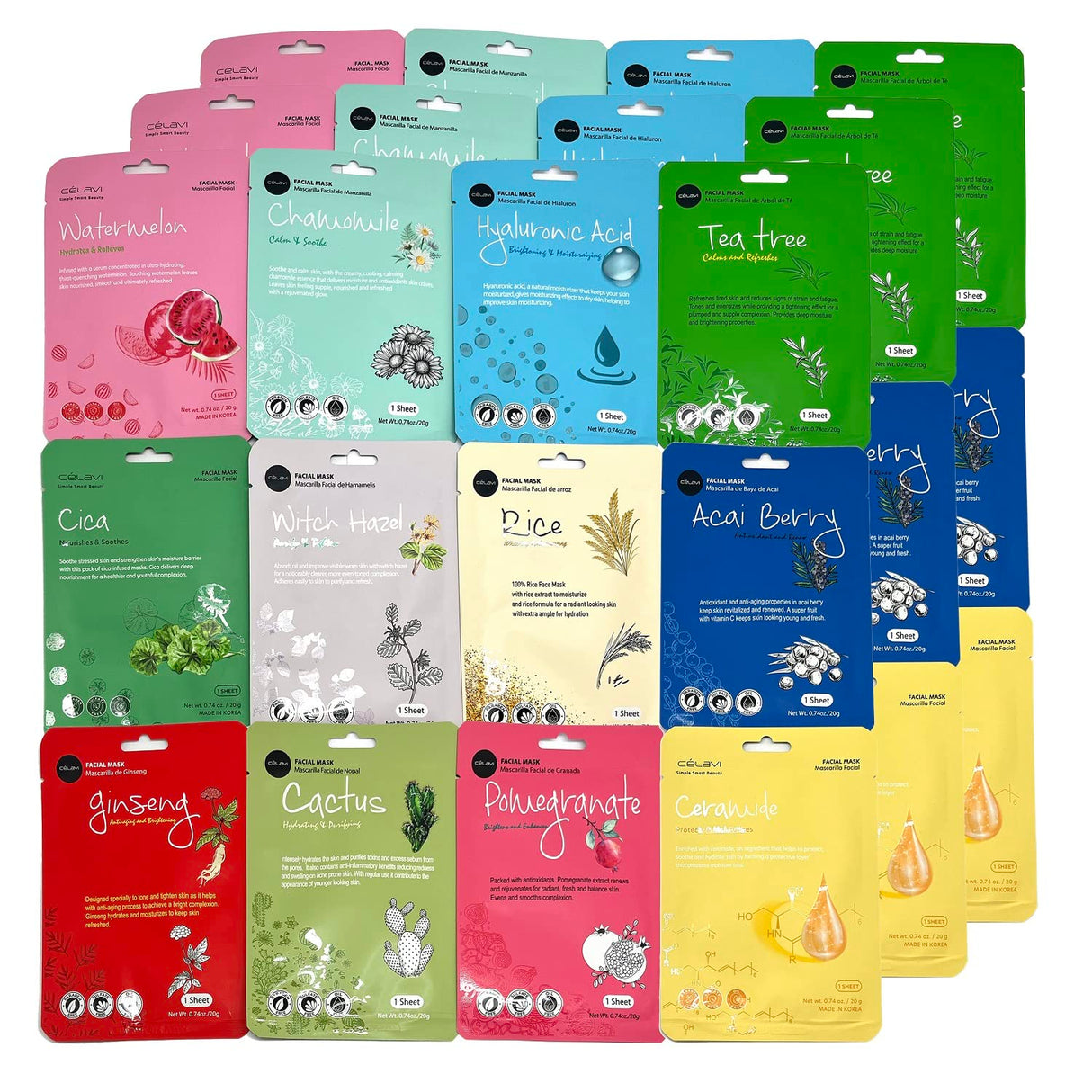 Celavi Essence Facial Sheet Face Mask Variety Set Classic Authentic Korean Moisturizing Skincare (12 - Packs) - Vamzn#